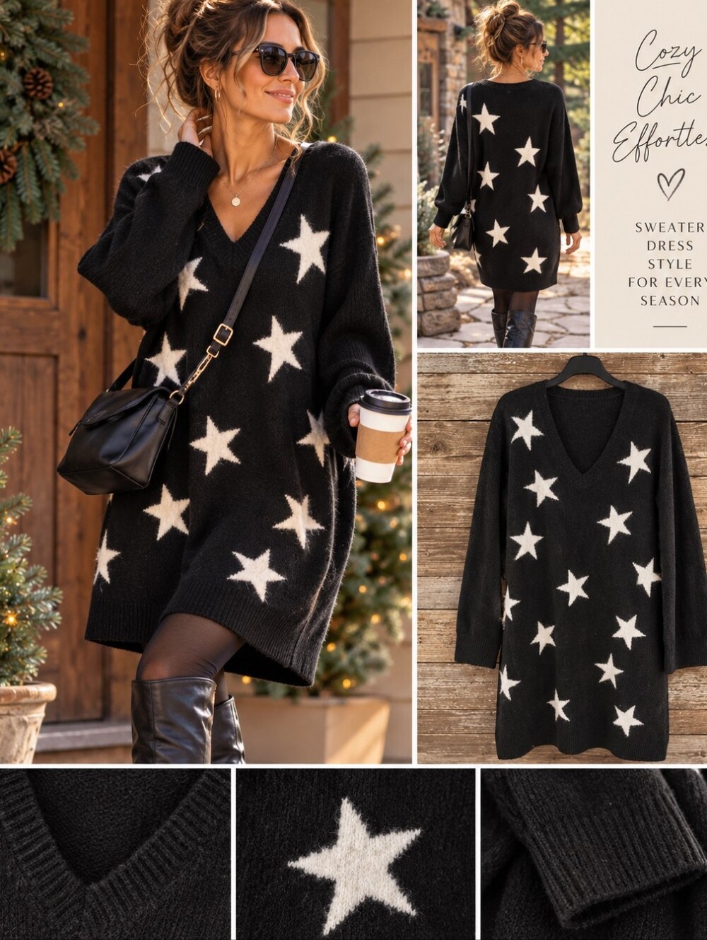Vince Camuto Large NWT Black Ivory Star V-Neck Sweater Dress Wool Blend $89